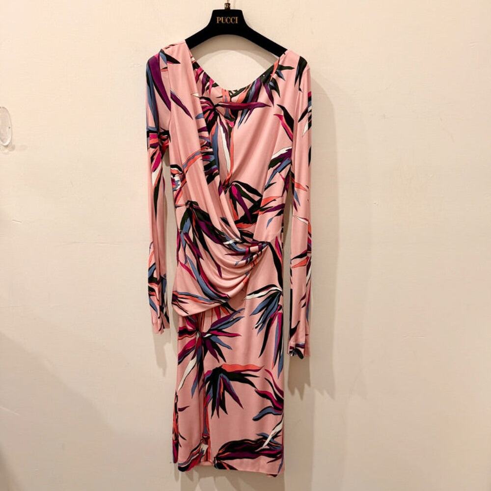 Emilio Pucci Tropical Print Long Sleeve Surplice V-Neck Midi Sheath Dress Pink 8